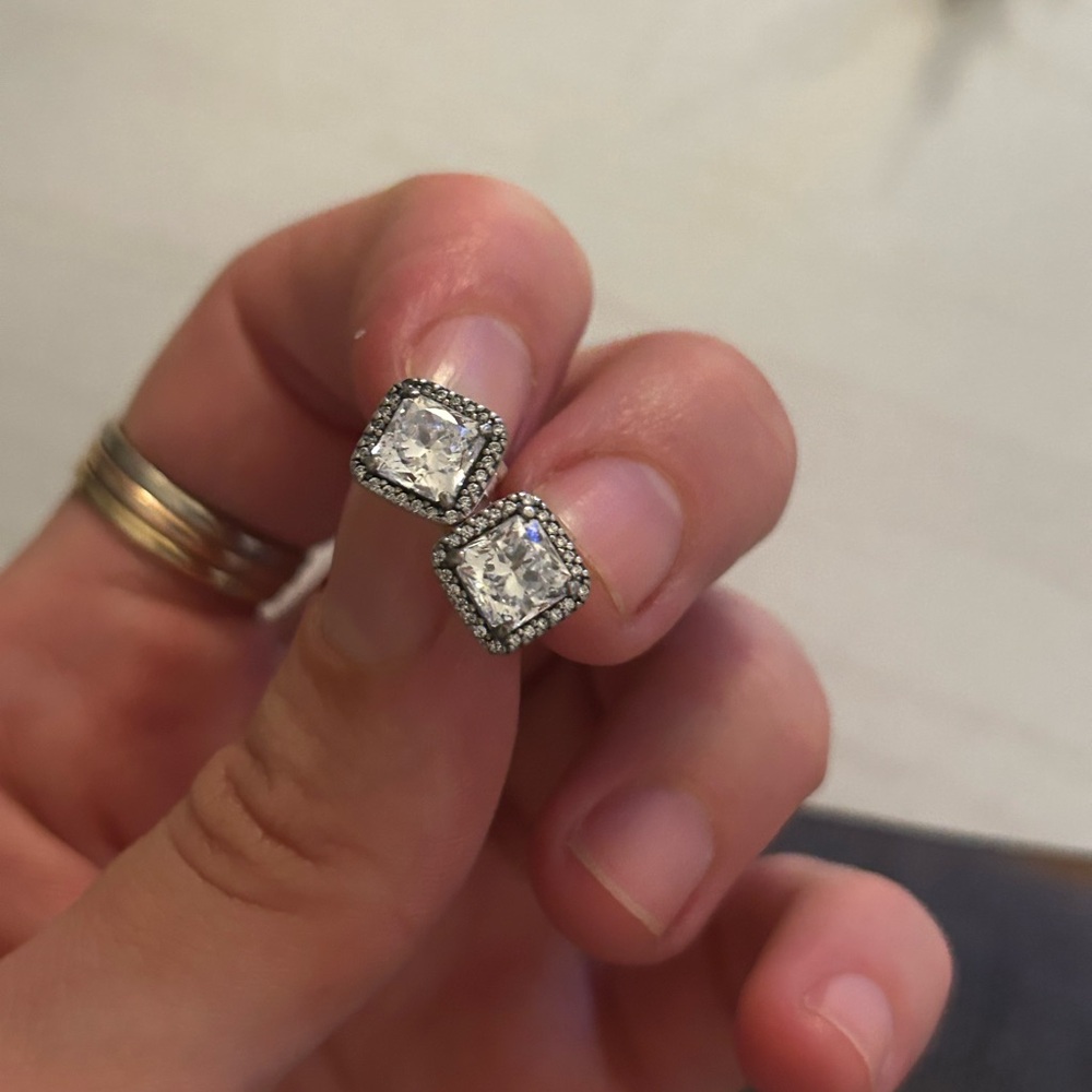 Authentic Pandora Square Stud CZ 925 Silver Earrings